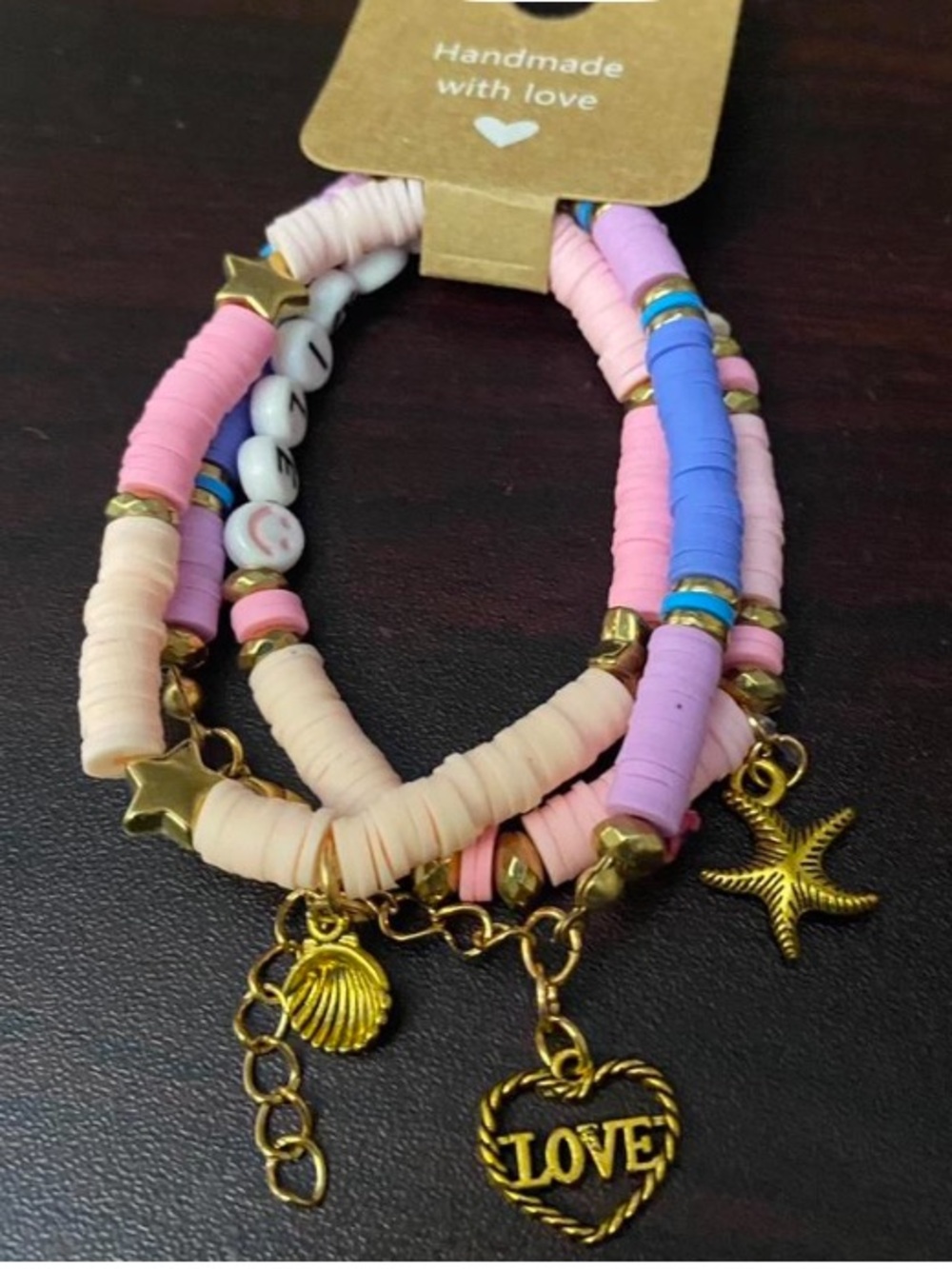 Beaded Smile Stack Bracelet Set - Pink, Blue & Cream